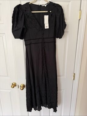 Veronica Beard Black Embroidered Puff-Sleeve Midi Dress